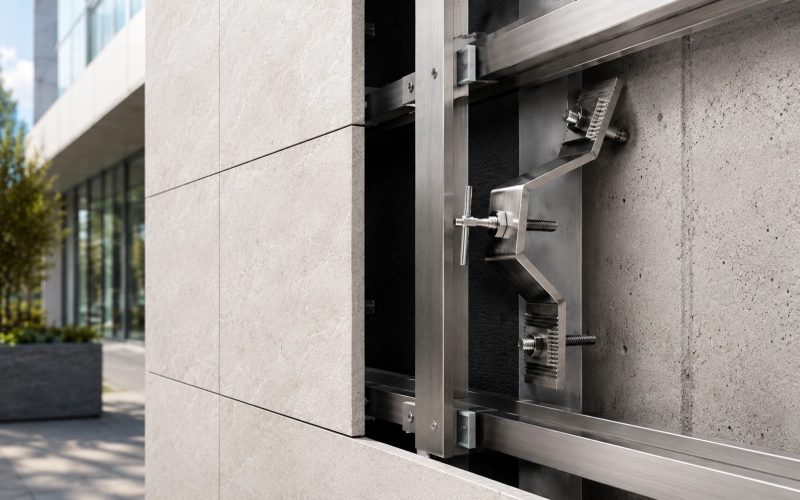 Ventilated stone cladding fixing system application