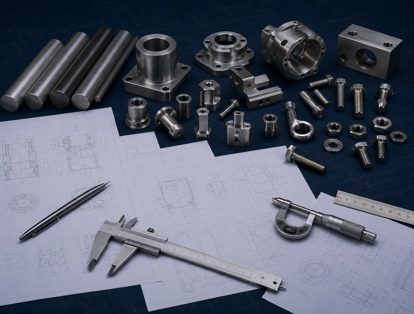 Engineering drawings, custom metal parts, machined components and measuring tools for drawing-based RFQ review