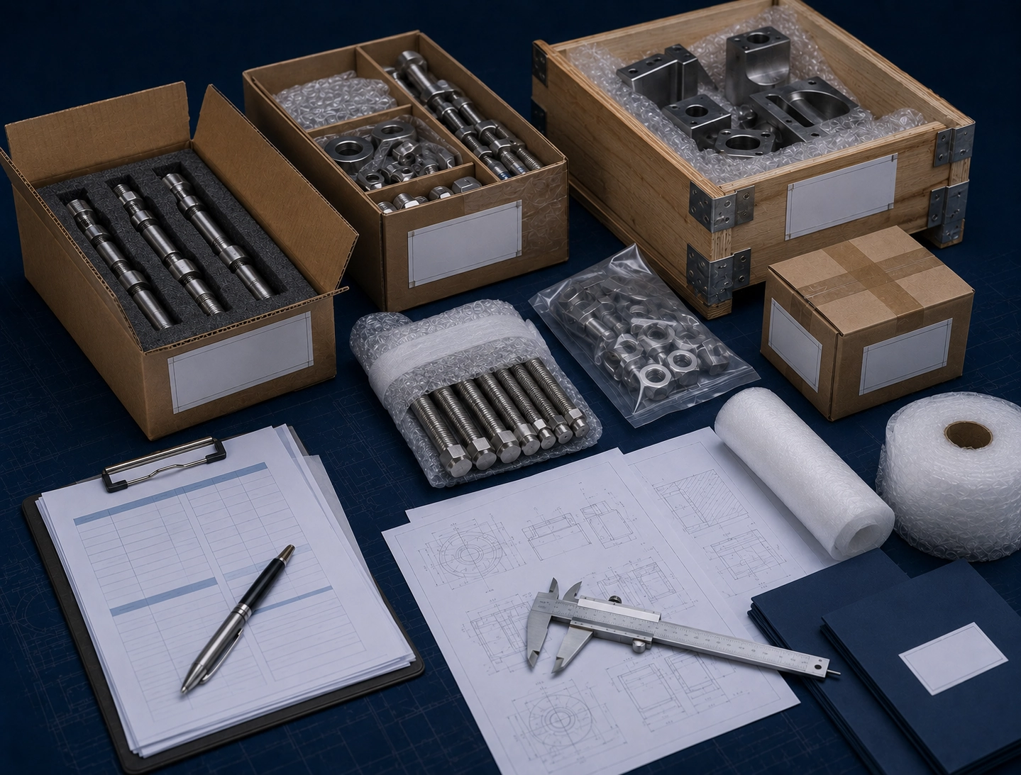 Packed metal parts, cartons, project documents and export preparation for international B2B supply support