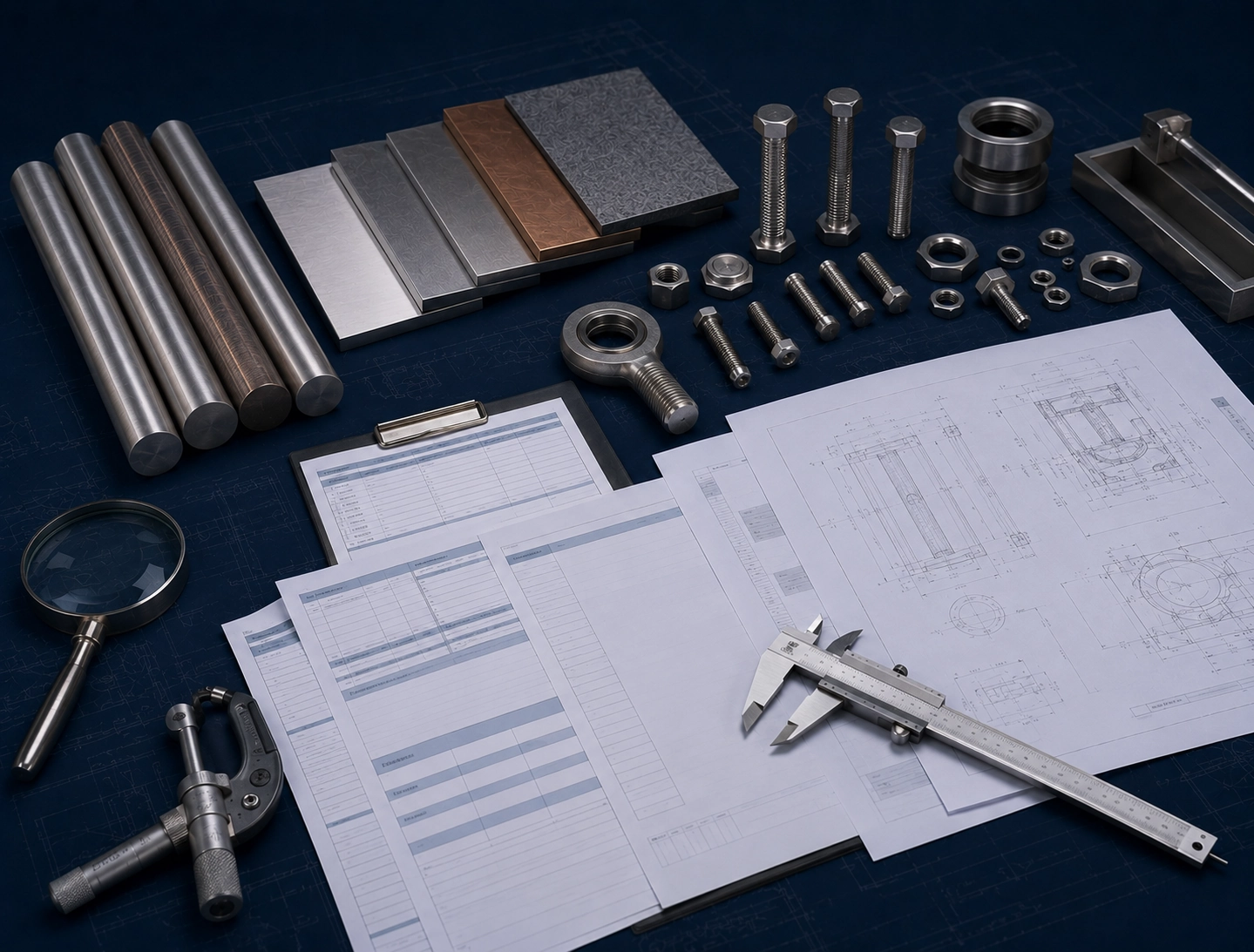 Generic certificate-style documents, material samples, fasteners and inspection tools for documentation review