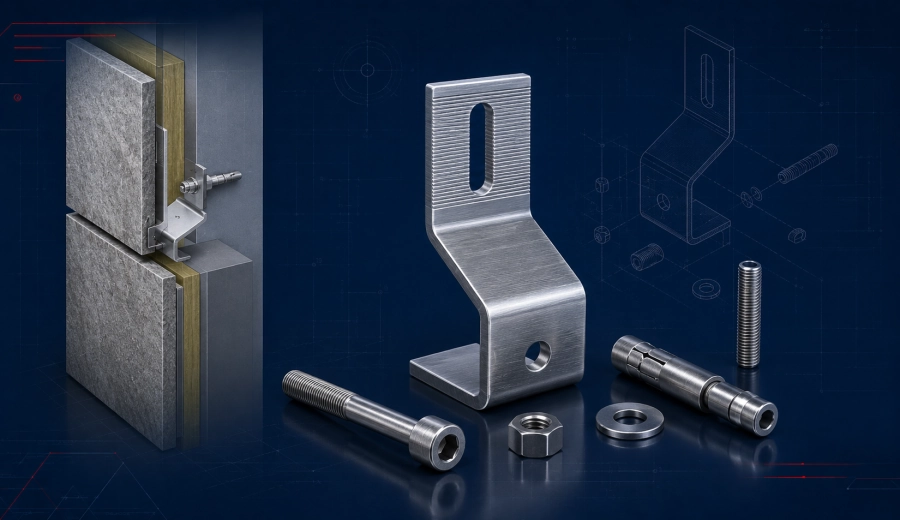 Stone cladding fixing systems including brackets anchors rails clips and facade hardware