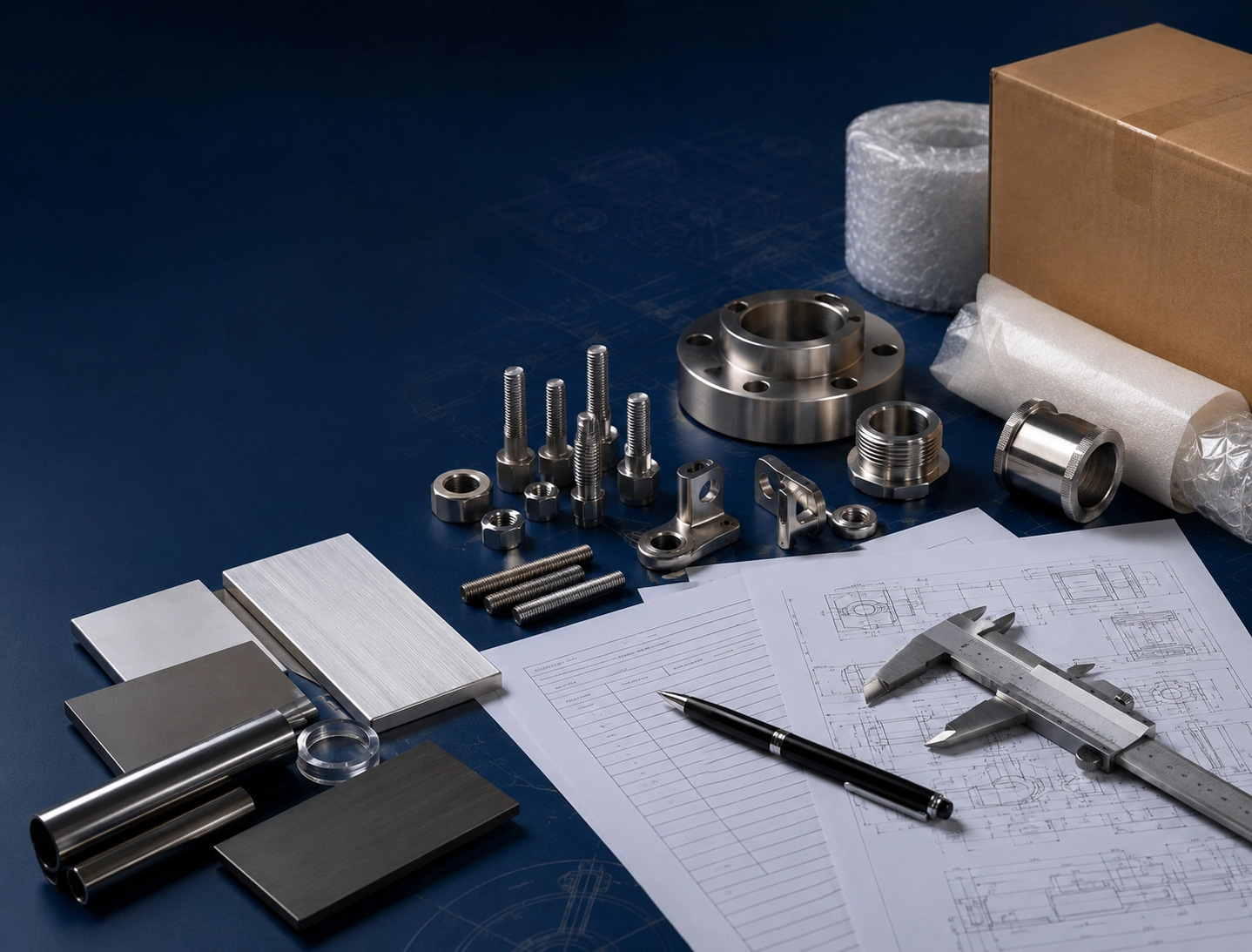 Industrial inquiry preparation scene with metal parts, RFQ papers and project support materials