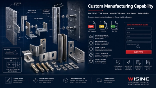 Custom stone cladding fixing hardware manufacturing capability with drawings brackets and project requirements