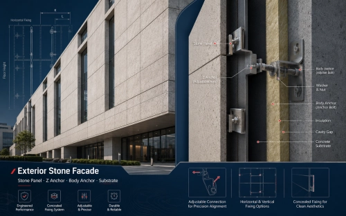 Exterior stone facade cladding fixing system
