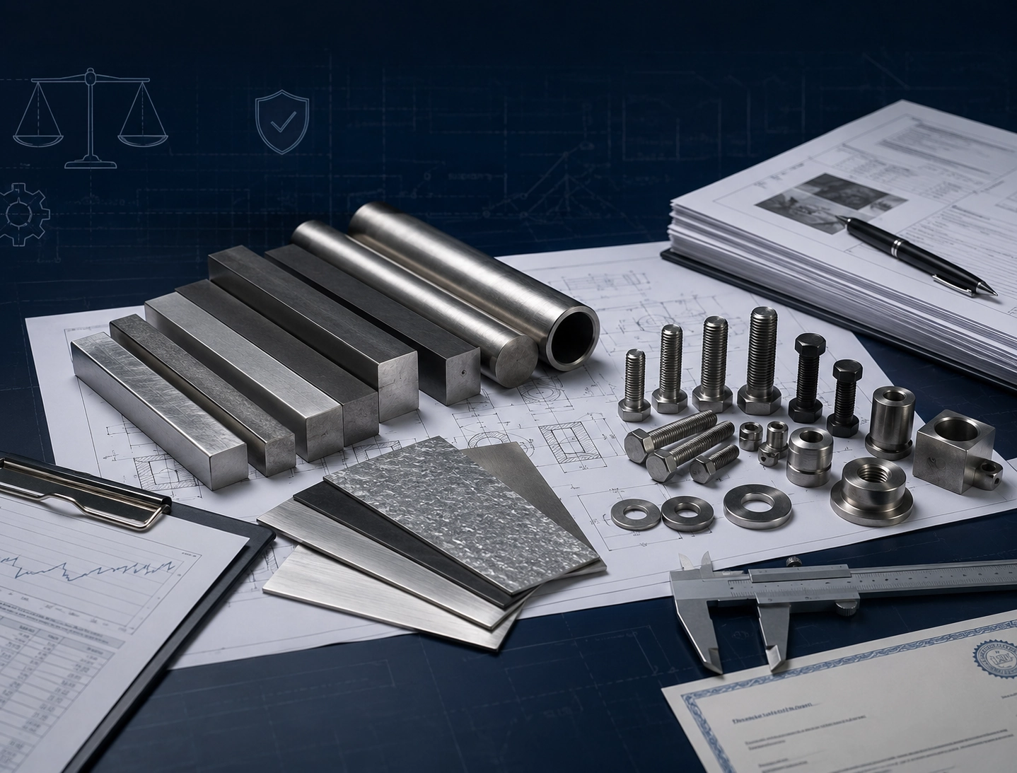 Material substitution technical review with metal samples, standards, certificates, and drawings