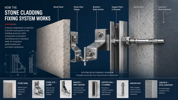 Stone cladding fixing system installation diagram with anchors brackets support rails and stone panels