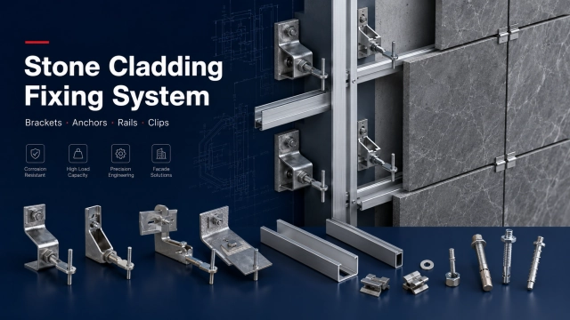 Stone cladding fixing system with brackets anchors support rails and facade hardware