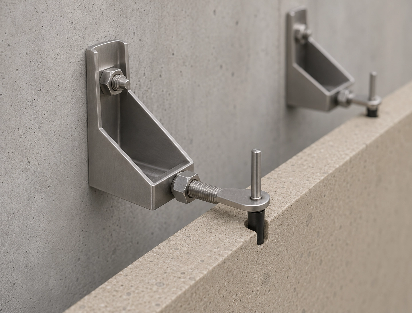 Flanged pin edge stone panel fixing with plastic sleeve adjustable arm washer nut and shim