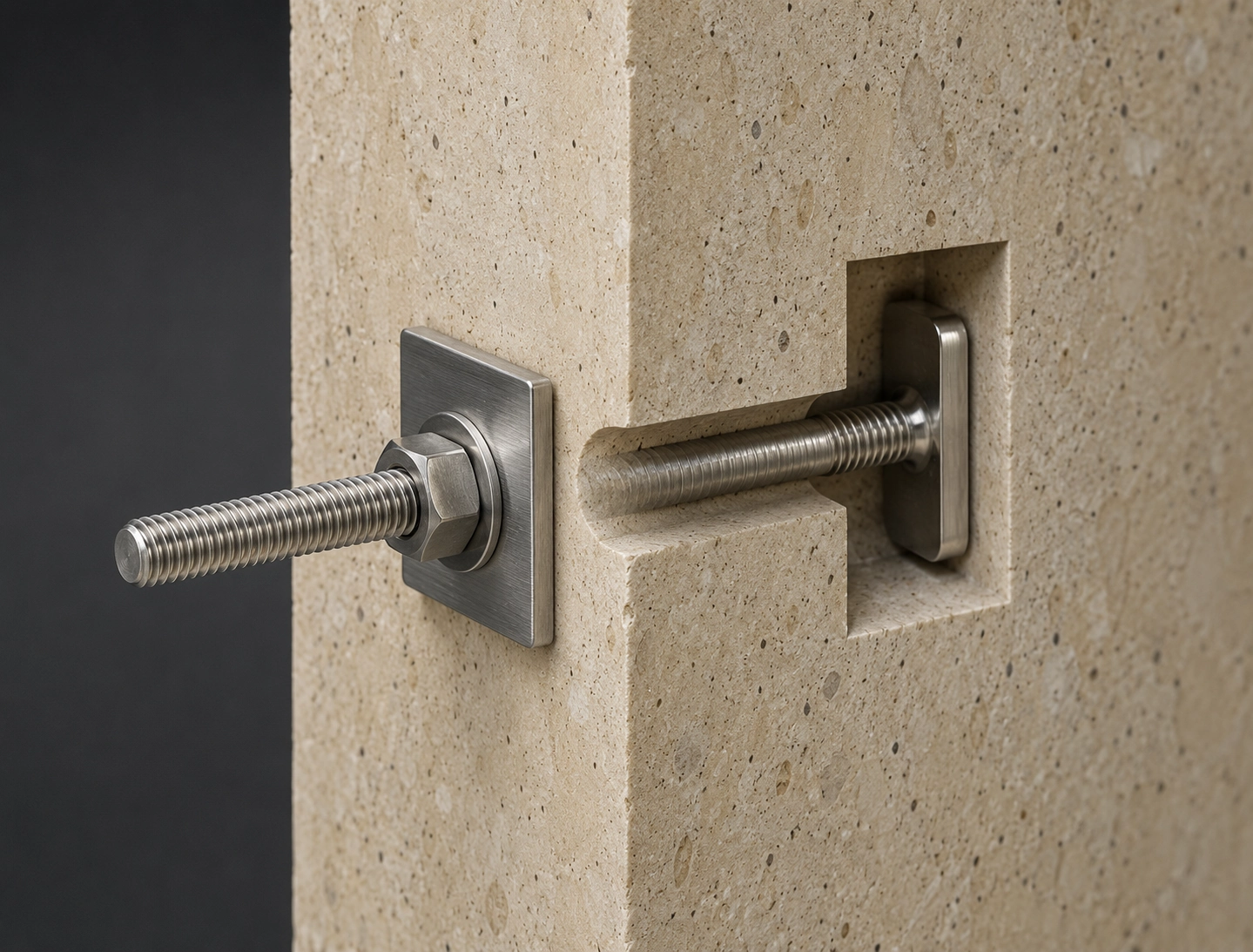 Rear undercut stone panel fixing with undercut anchor bolt nut washer and fixture plate