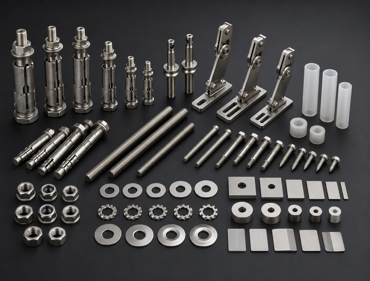 Stone anchor kit with undercut bolts flanged pins expansion anchors nuts washers shims and spacers