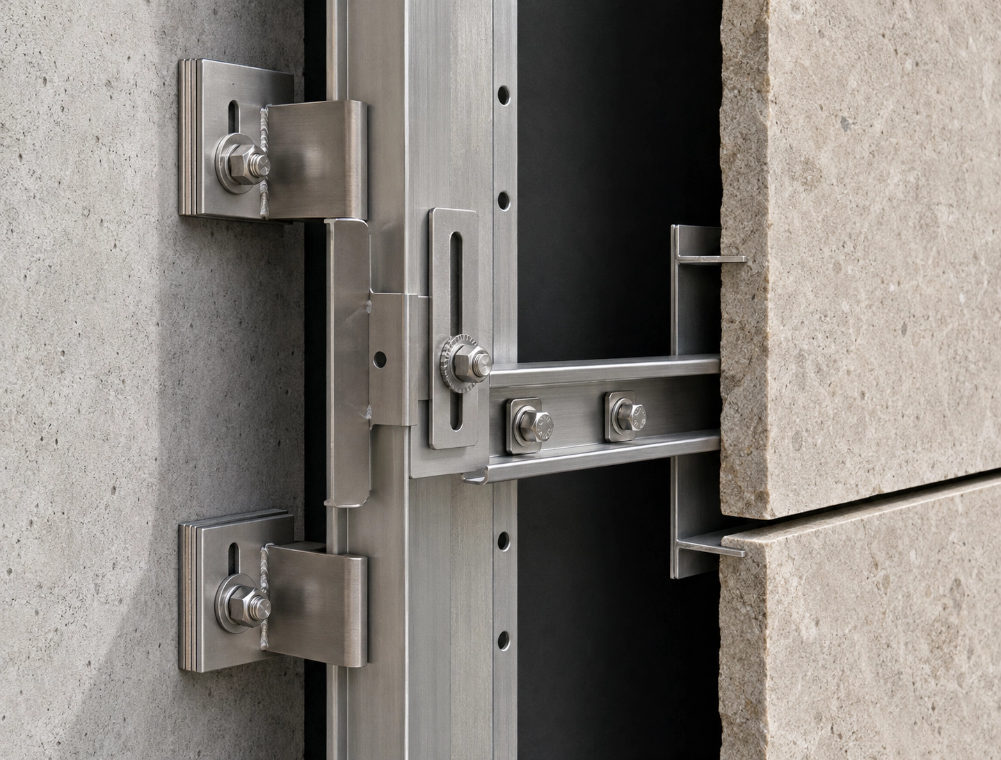 Custom ventilated stone cladding substructure parts with rails brackets connectors washers and spacers