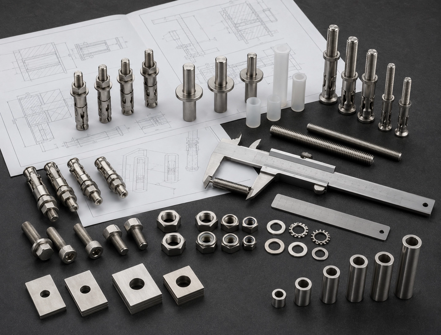 Drawing review for custom facade fixing hardware with brackets plates washers shims and measuring tools