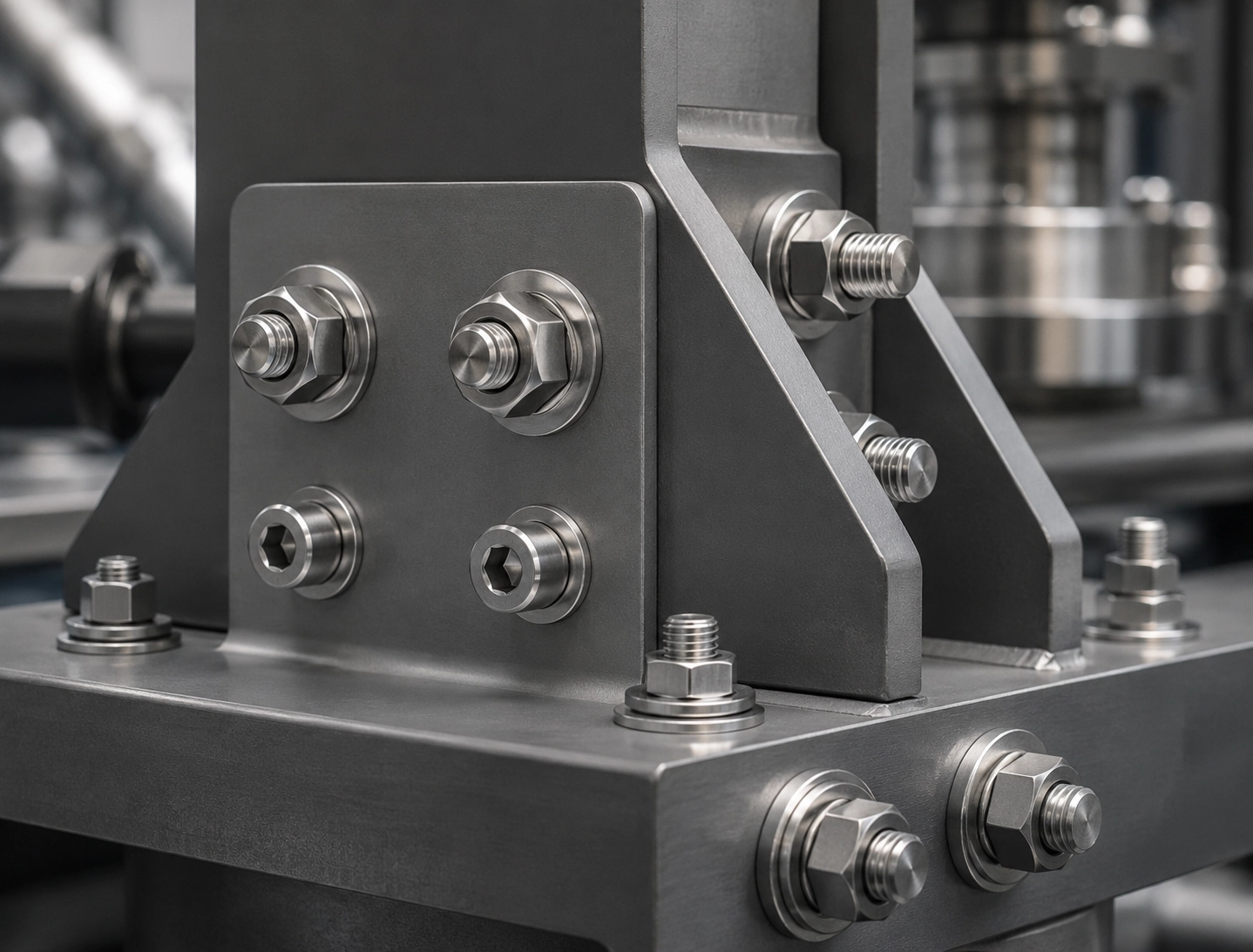 Industrial bolts used in equipment assembly with nuts and washers