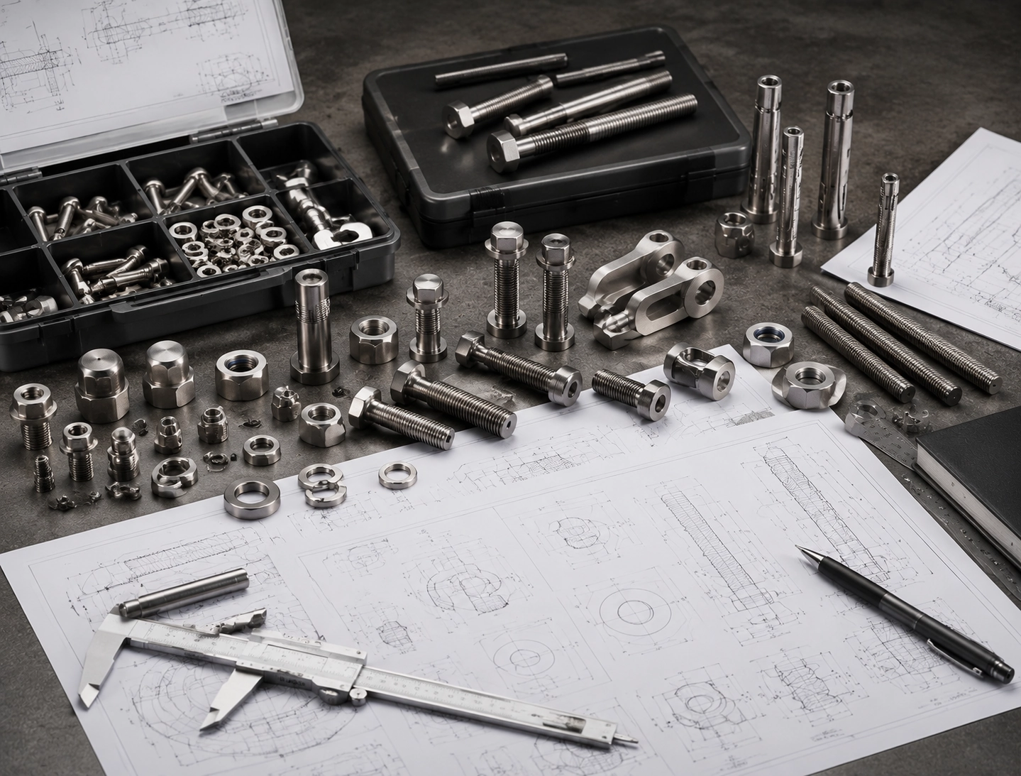 Industrial fastener RFQ support with bolts stud bolts nuts washers drawings and measuring tools