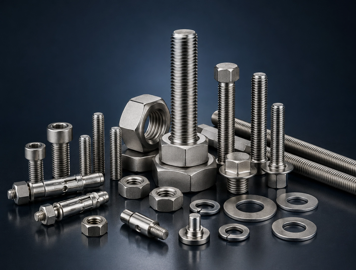 Industrial fasteners including bolts stud bolts nuts washers anchors and custom fastener parts