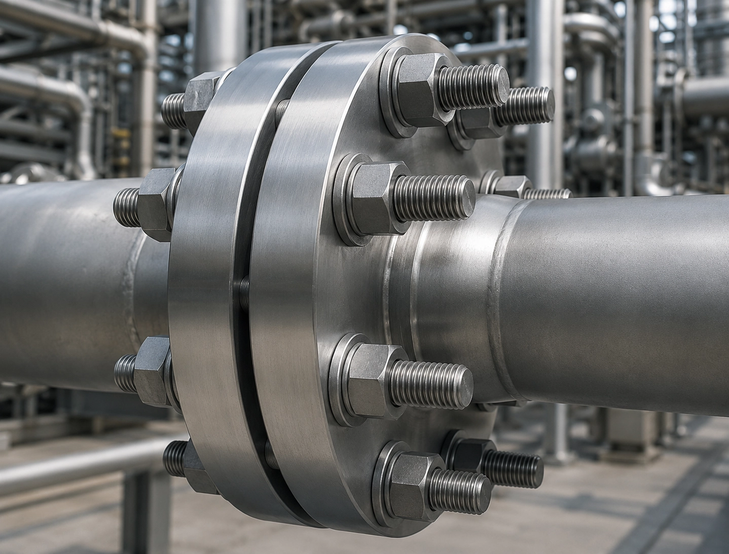 Stud bolt flange assembly with nuts and washers for industrial connections
