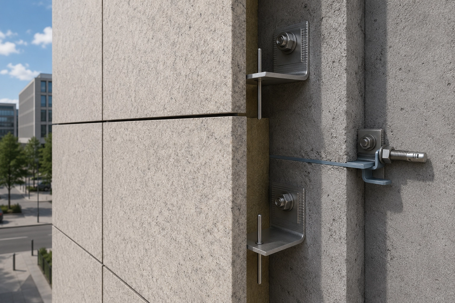 Exterior stone facade application using L bracket fixing system