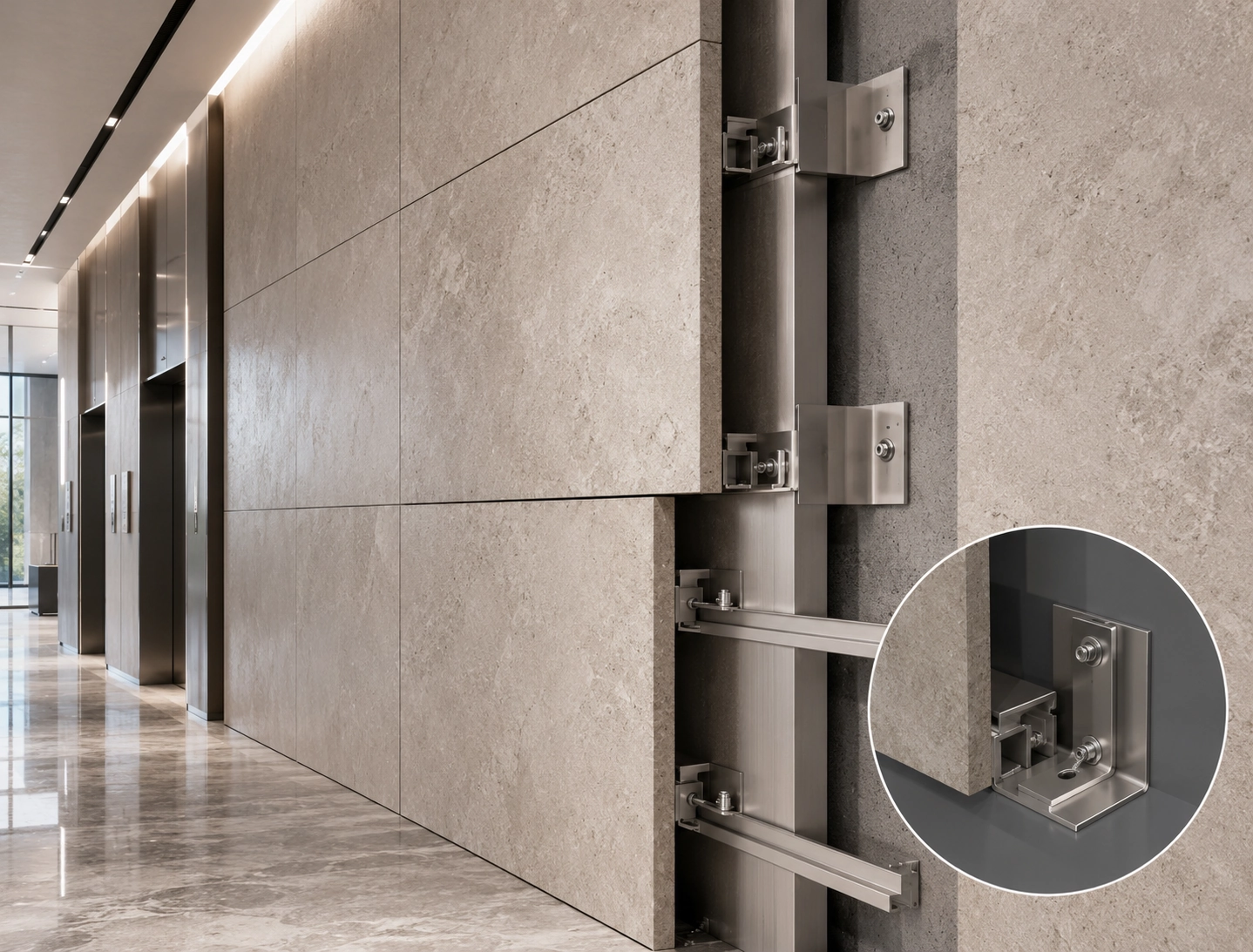 Interior stone wall application with concealed L bracket fixing