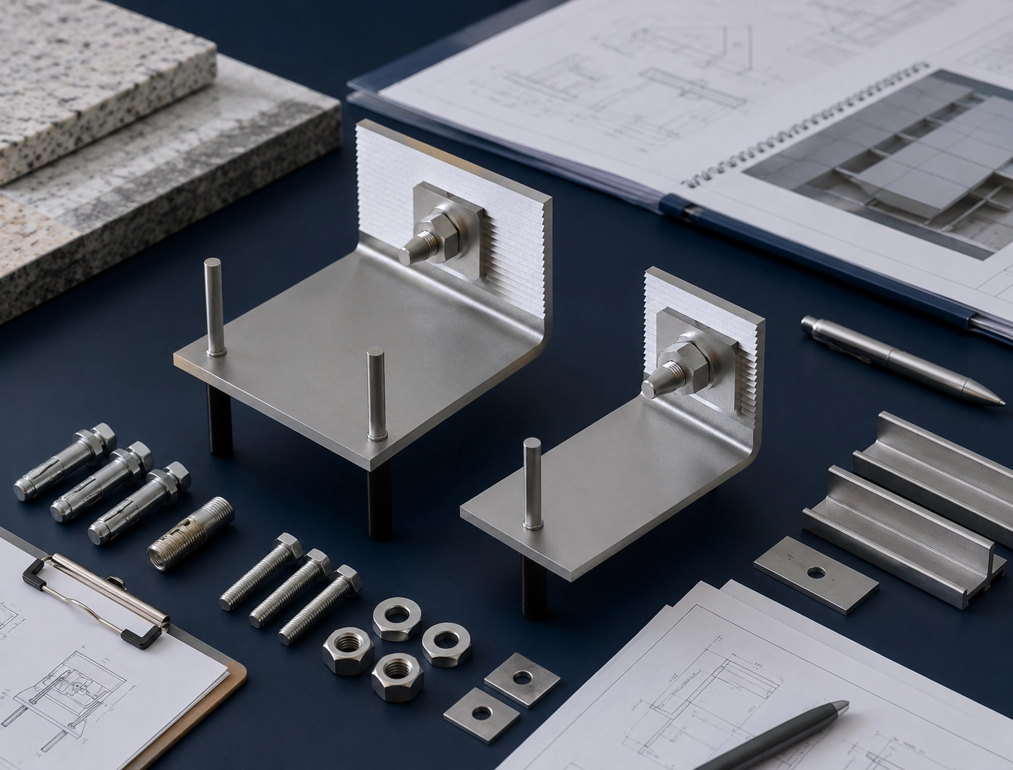 L bracket RFQ preparation scene with drawings and stone cladding fixing hardware