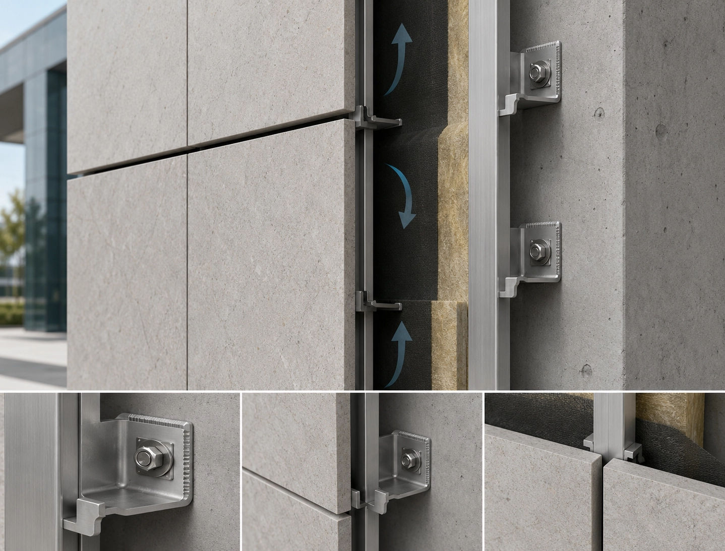 Ventilated stone cladding application with L angle bracket support