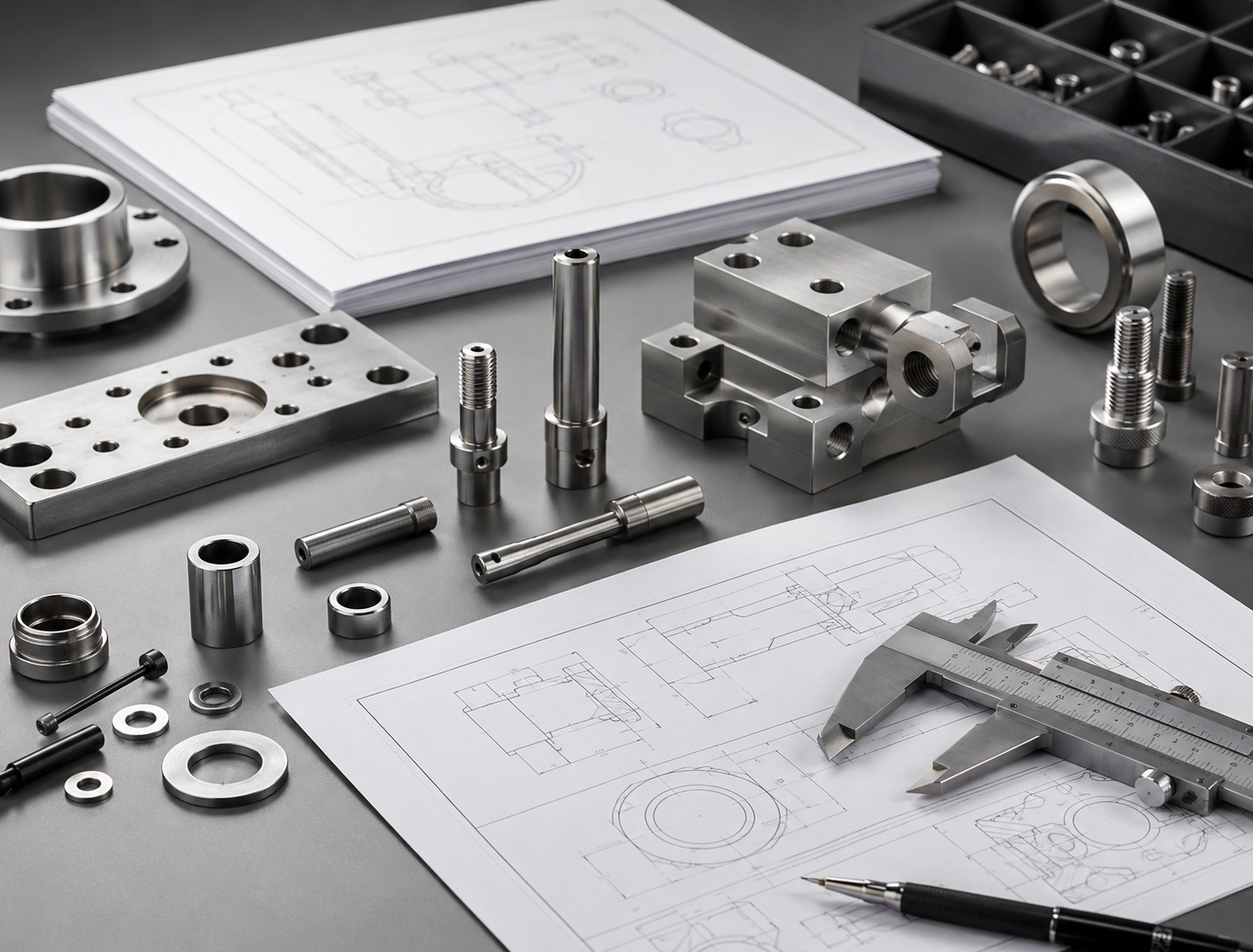 Custom parts datasheet review image with drawing-based metal components and technical review materials
