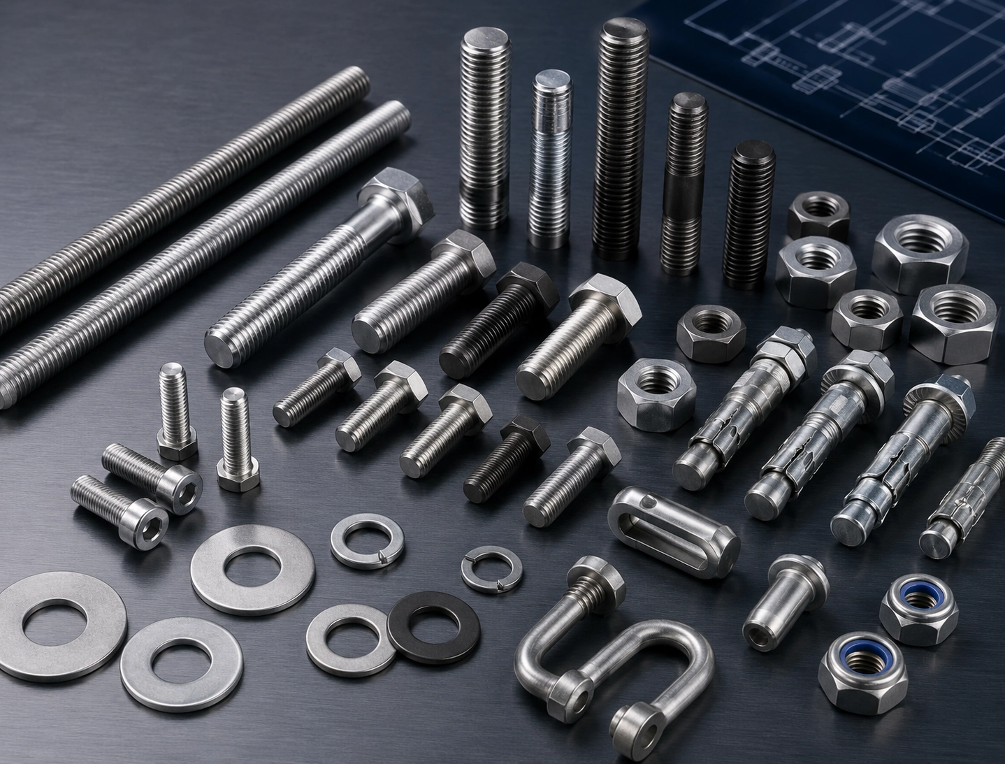 Industrial fastener datasheet support image with bolts stud bolts nuts washers and anchors