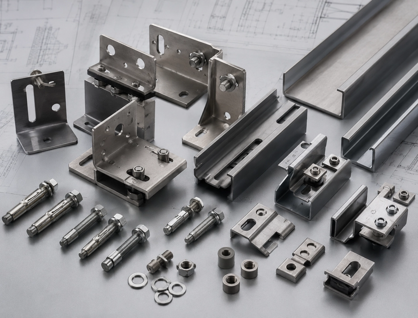 Stone cladding fixing datasheet support image with brackets clips anchors and support rail components