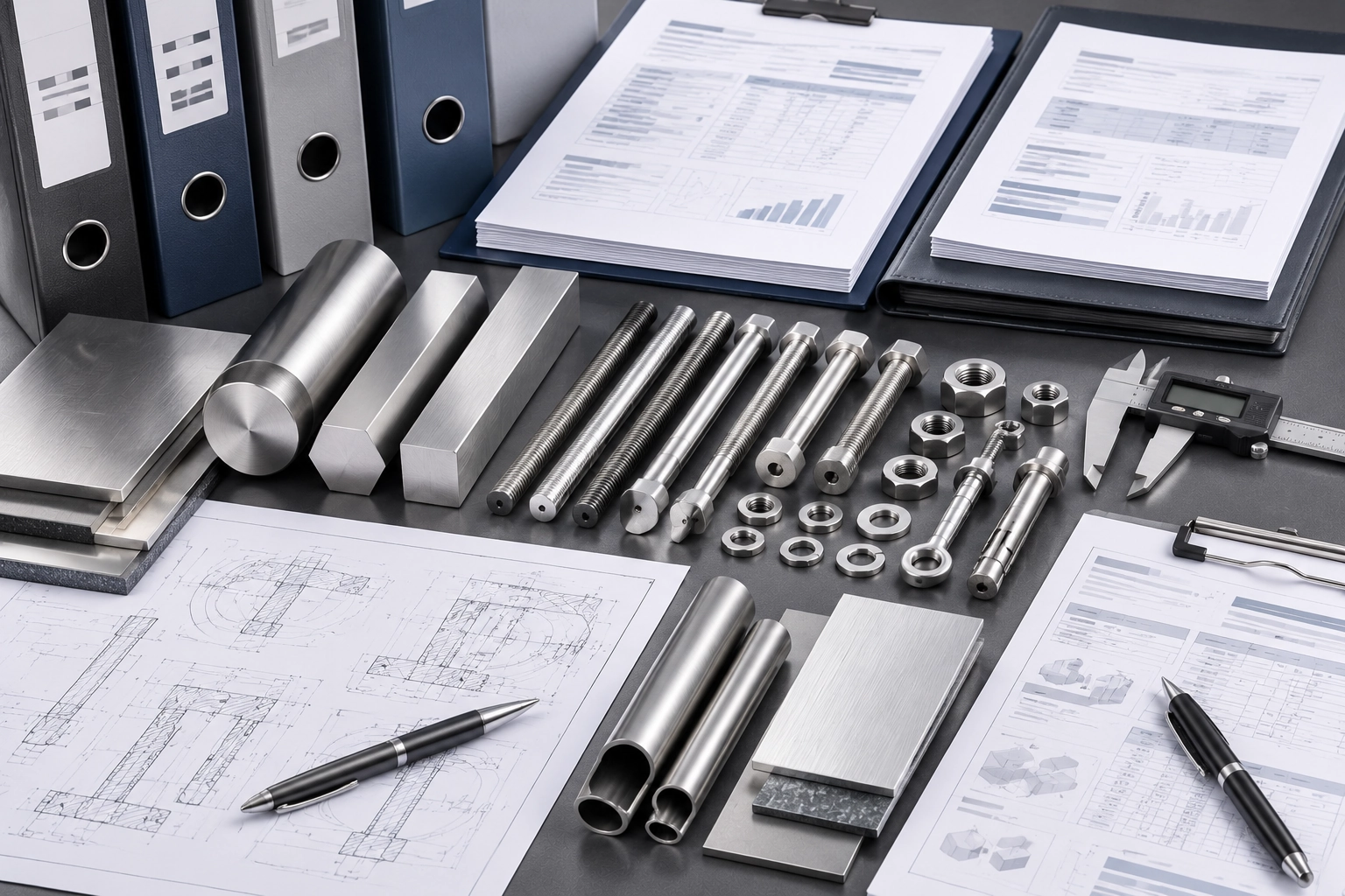 Industrial document overview image with abstract technical documents material samples and fasteners