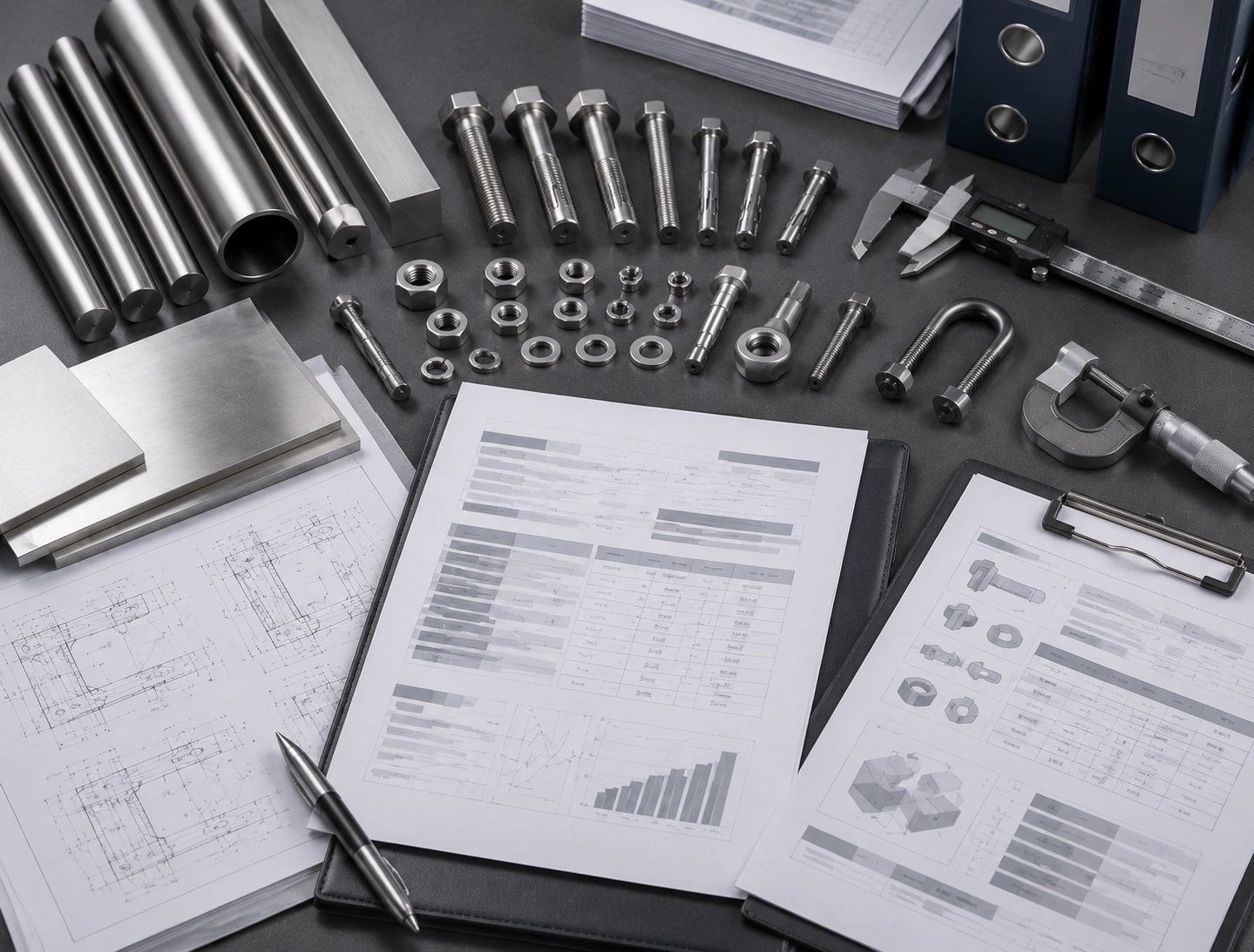 Standards and certificates RFQ support image with abstract documents materials fasteners and measuring tools