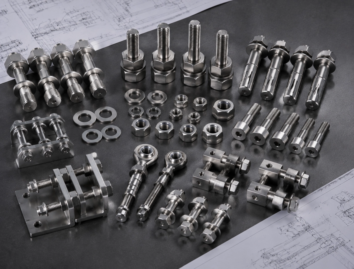 Matched fastener sets image with bolts stud bolts nuts washers and anchors for RFQ preparation