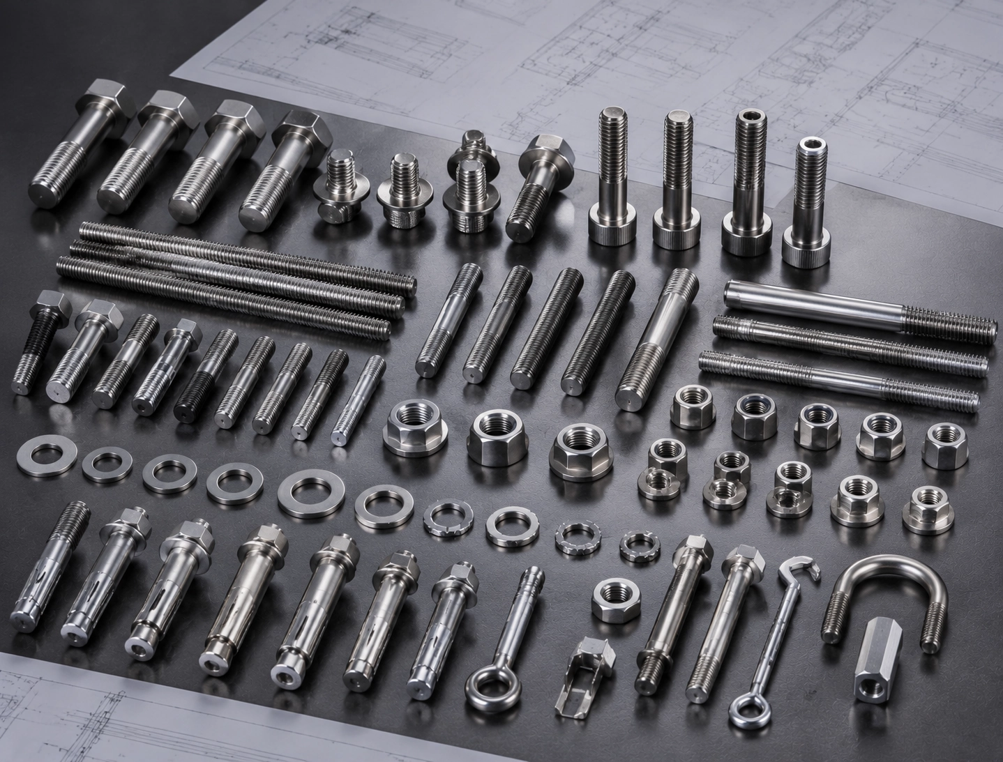 Fastener reference overview image with bolts stud bolts nuts washers and anchors
