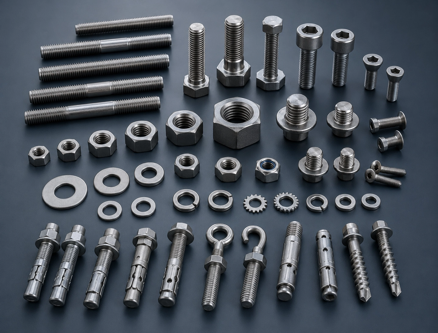 Industrial fastener references hero image with stud bolts bolts nuts washers anchors and special fasteners