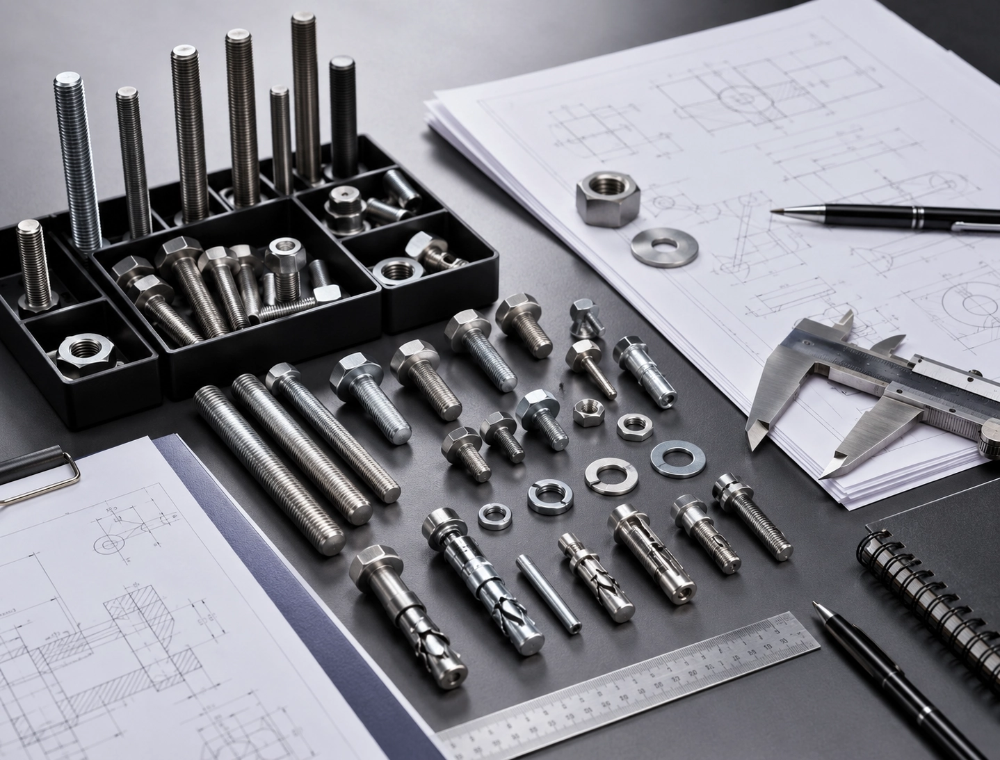 Fastener RFQ support image with stud bolts bolts nuts washers anchors drawings and measuring tools