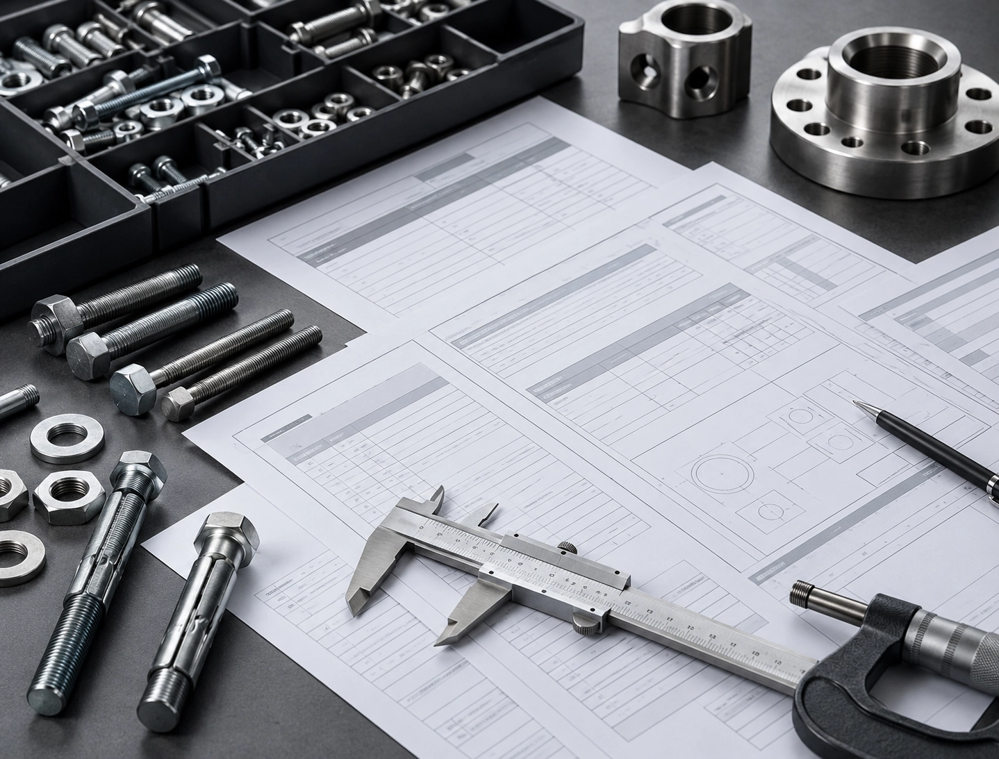 Inspection document review image with fasteners alloy parts measuring tools and abstract documents