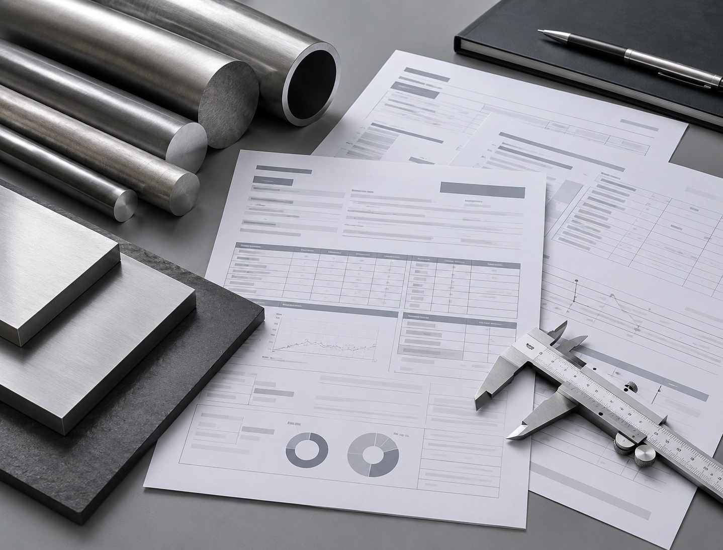Material document review image with alloy samples abstract documents and measuring tools
