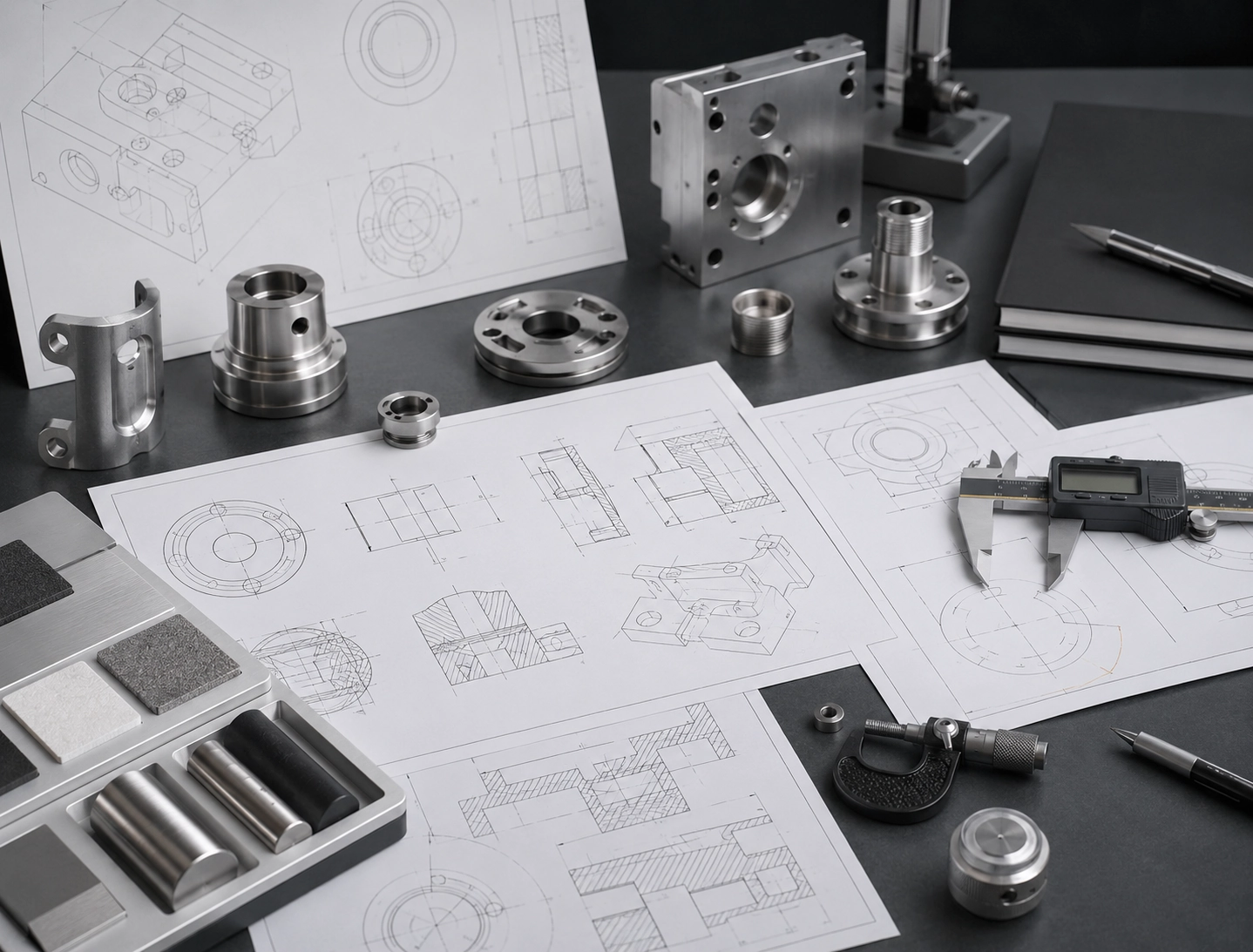 Custom parts RFQ drawing review image with metal components and technical drawings