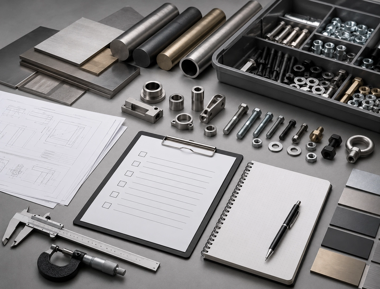 RFQ information checklist image with material samples fasteners drawings and measurement tools