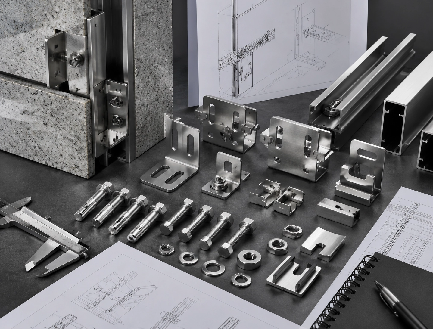 Stone cladding RFQ preparation image with brackets anchors clips and support rail hardware