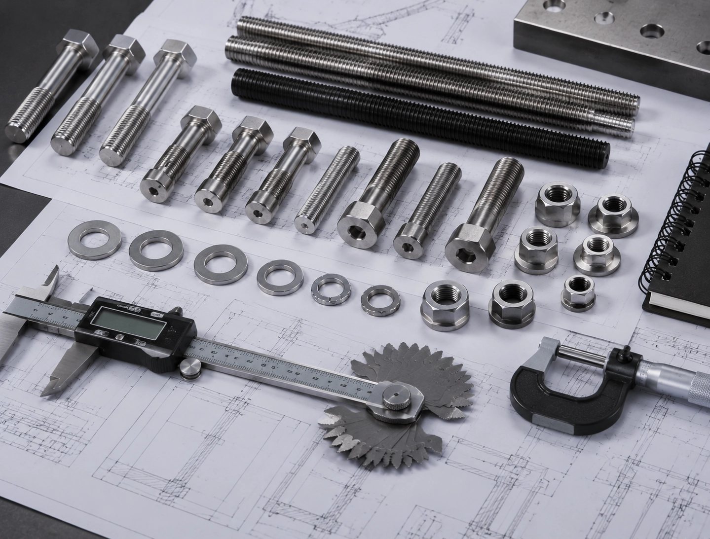 Thread and size reference image with threaded rods stud bolts caliper and fastener samples