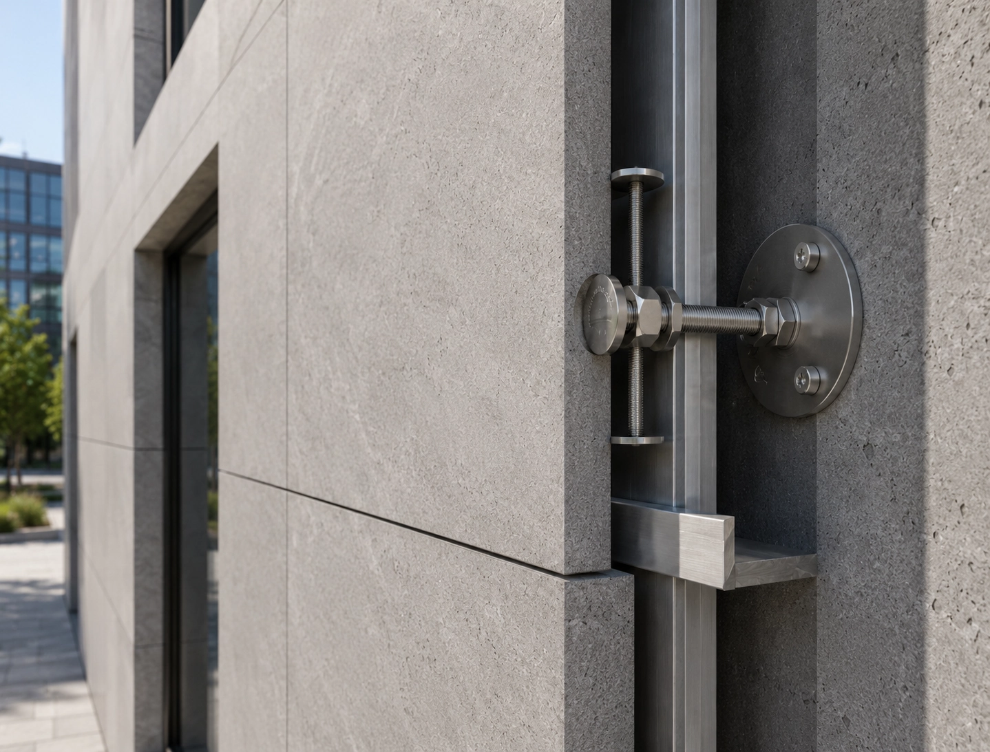 Exterior stone facade application using stainless steel stone clip fixing hardware