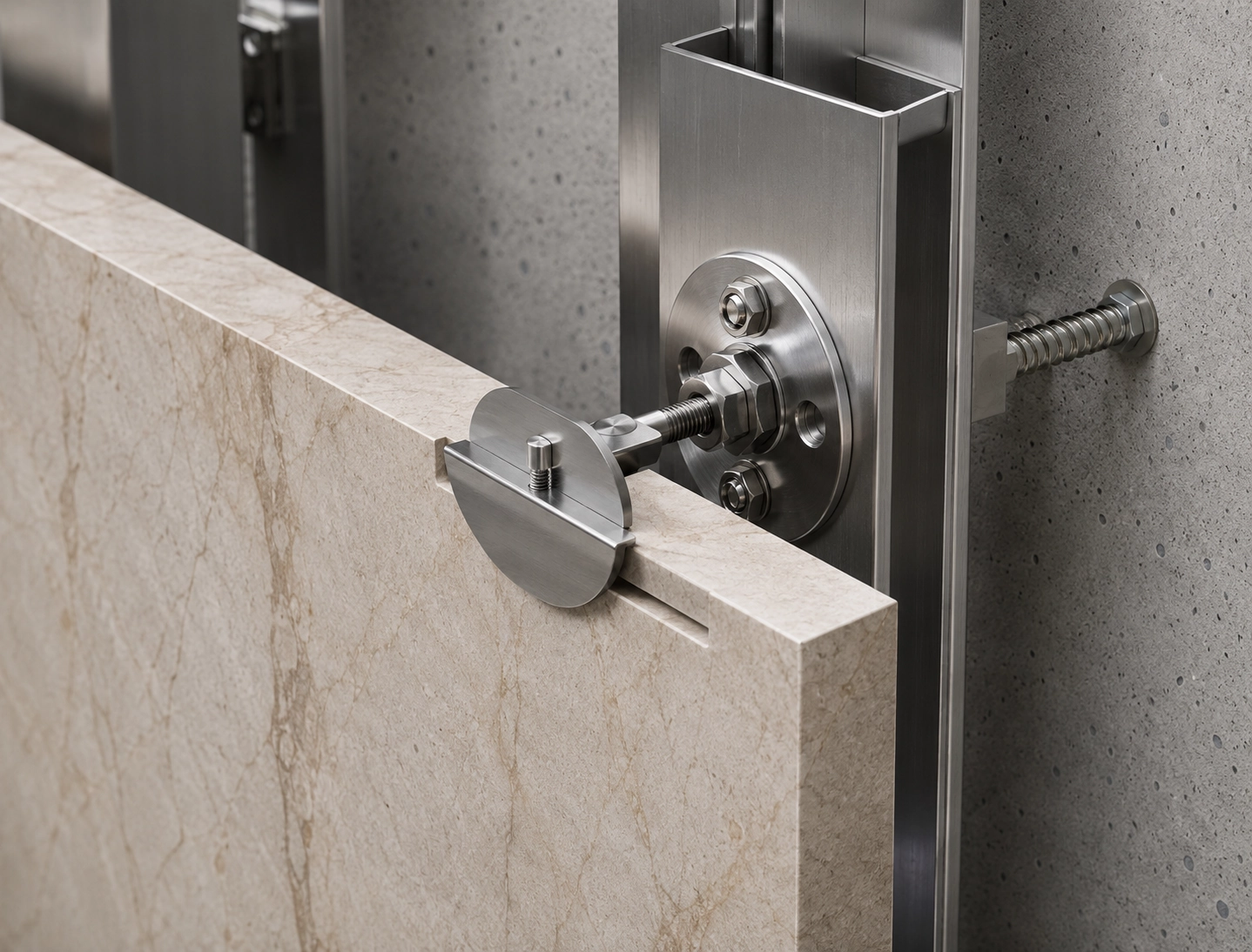 Installation reference showing stone clip fixing with stone panel and support structure