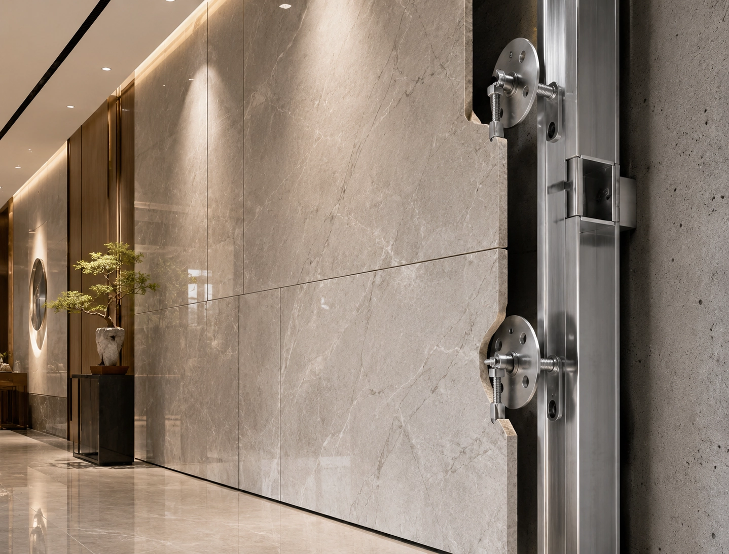 Interior stone wall application using stainless steel stone clip fixing hardware