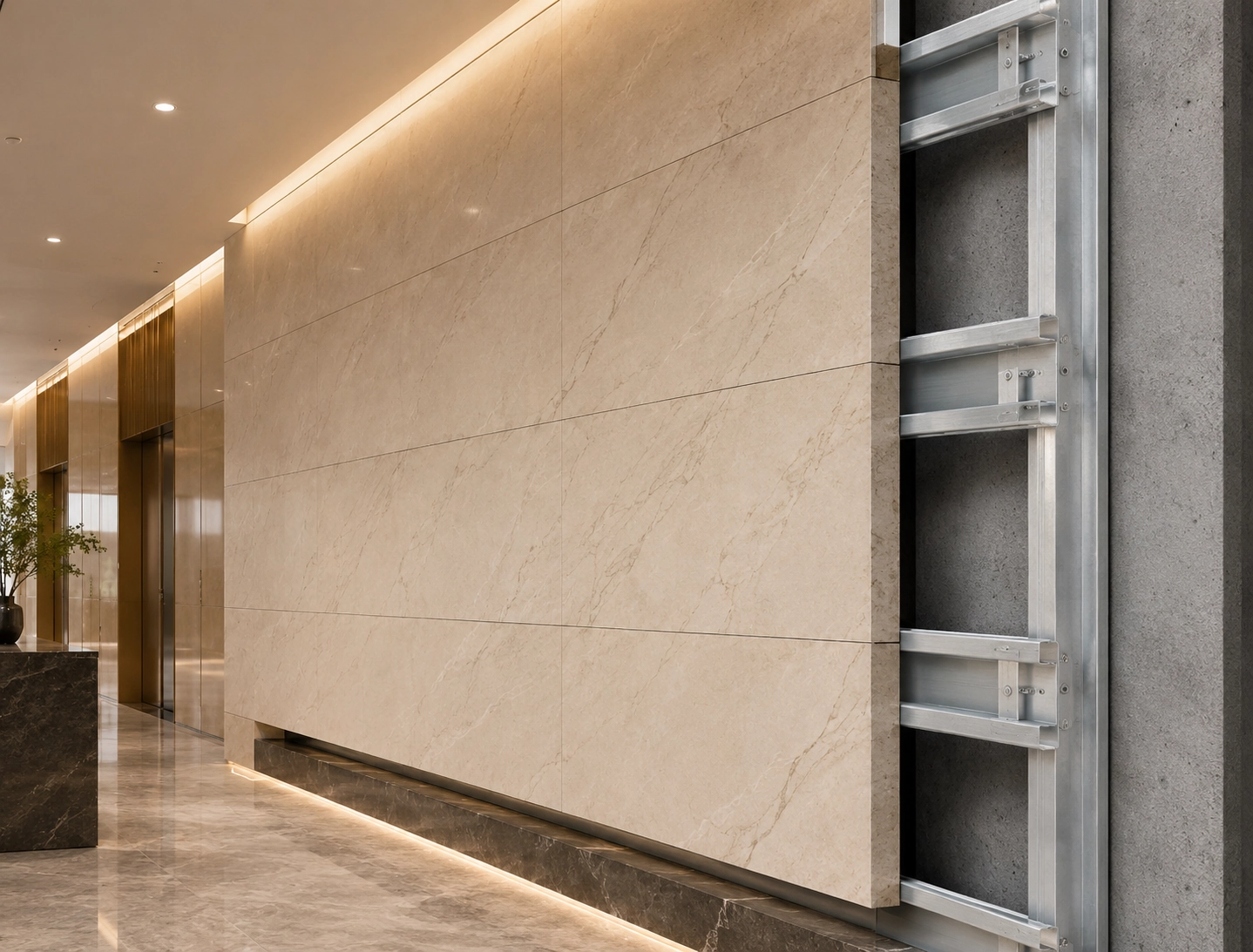 Interior stone wall application with support rail structure