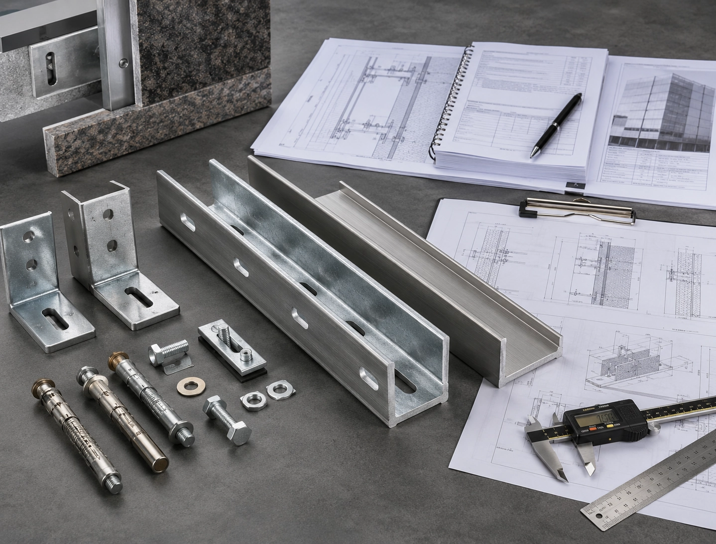 Support rail RFQ preparation scene with drawings and metal components