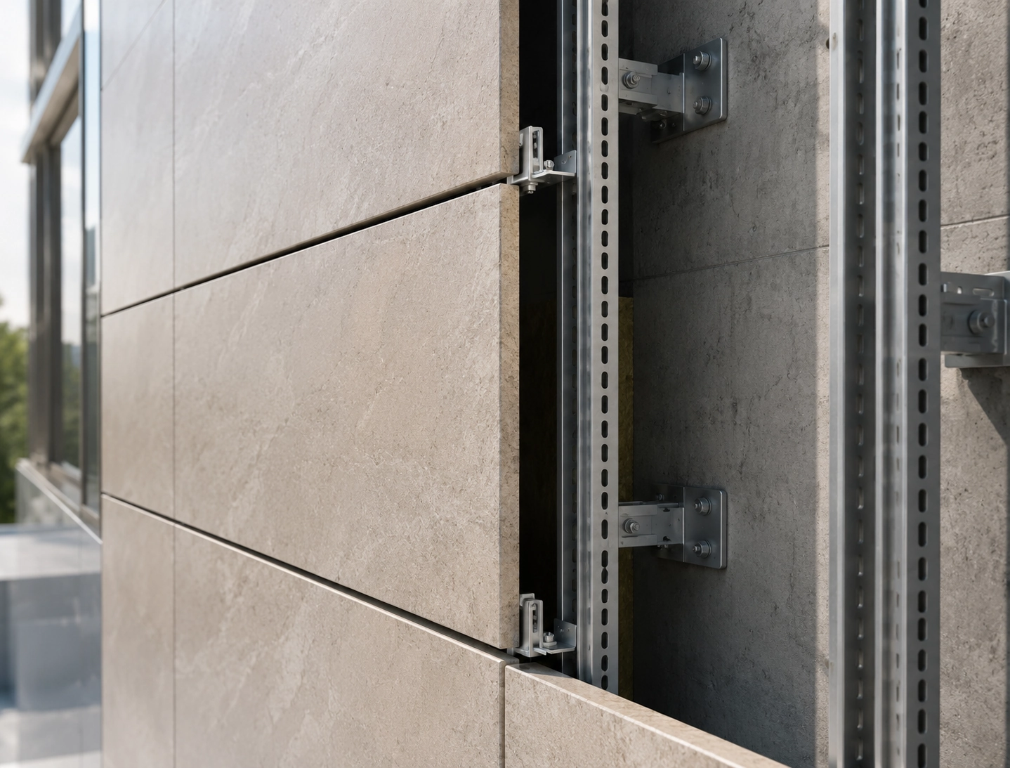 Ventilated stone cladding application with support rail system