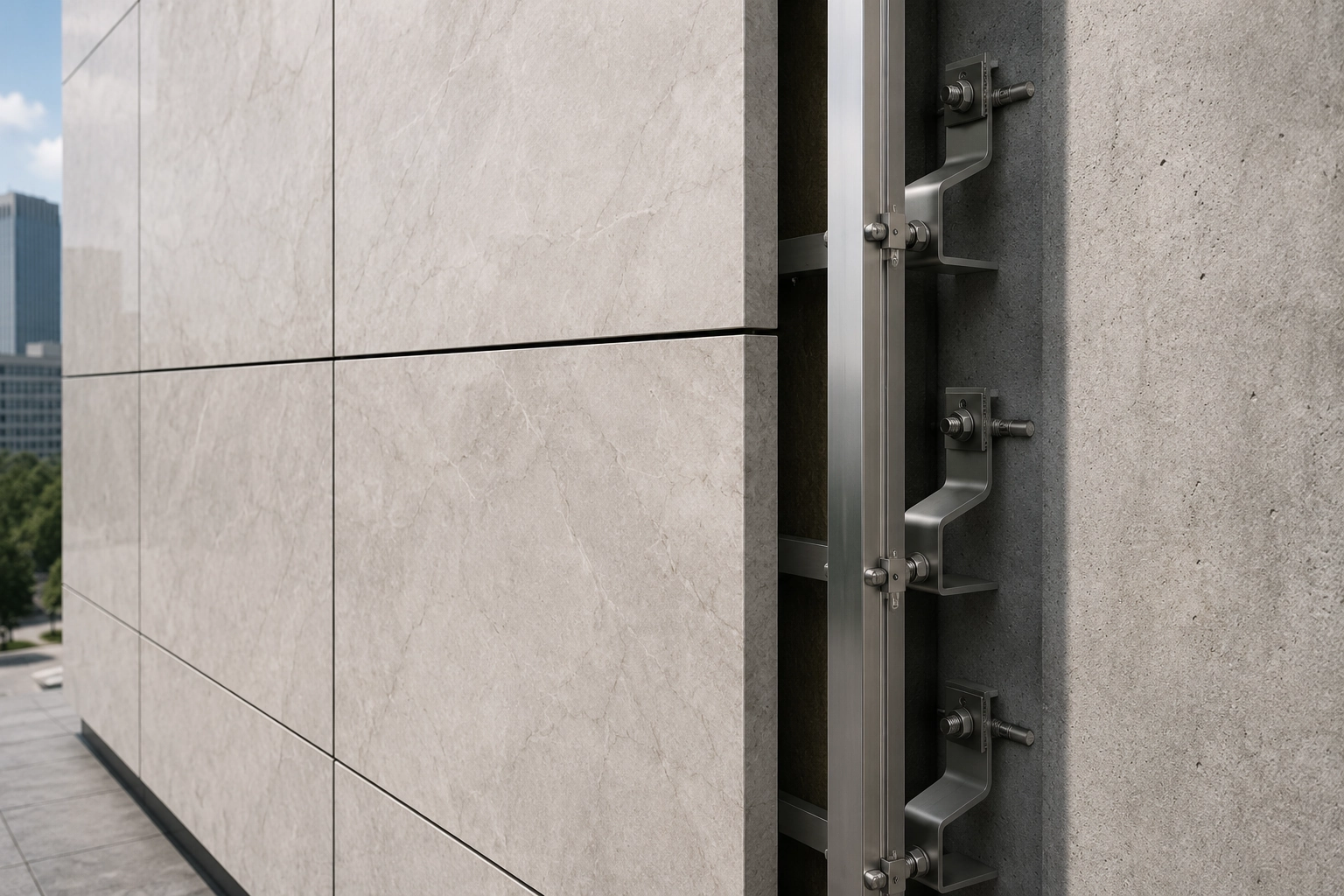 Exterior stone facade application using Z bracket support system for cladding installation