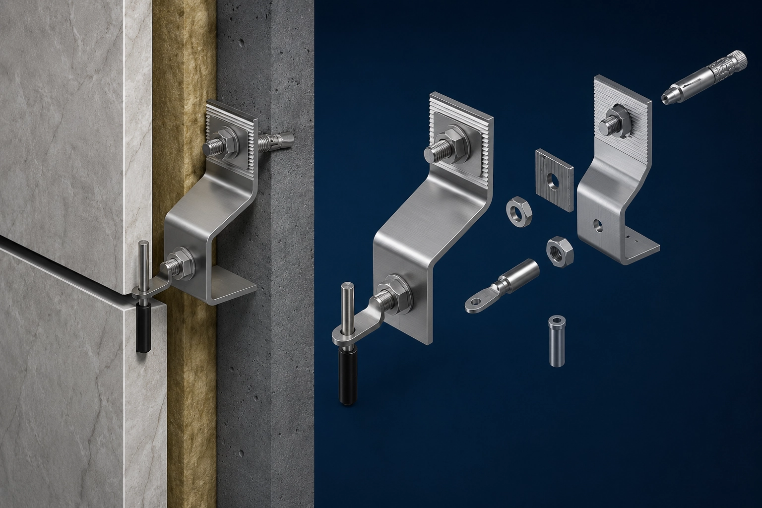 Z bracket installation reference showing stone cladding fixing relationship and support structure