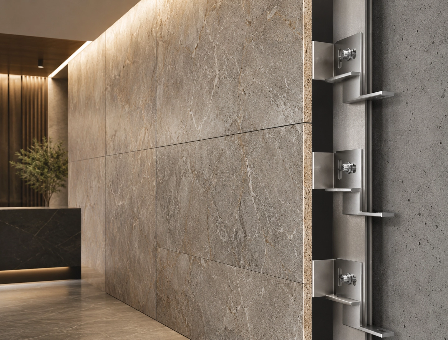 Interior stone wall application with Z bracket support for stone panel installation