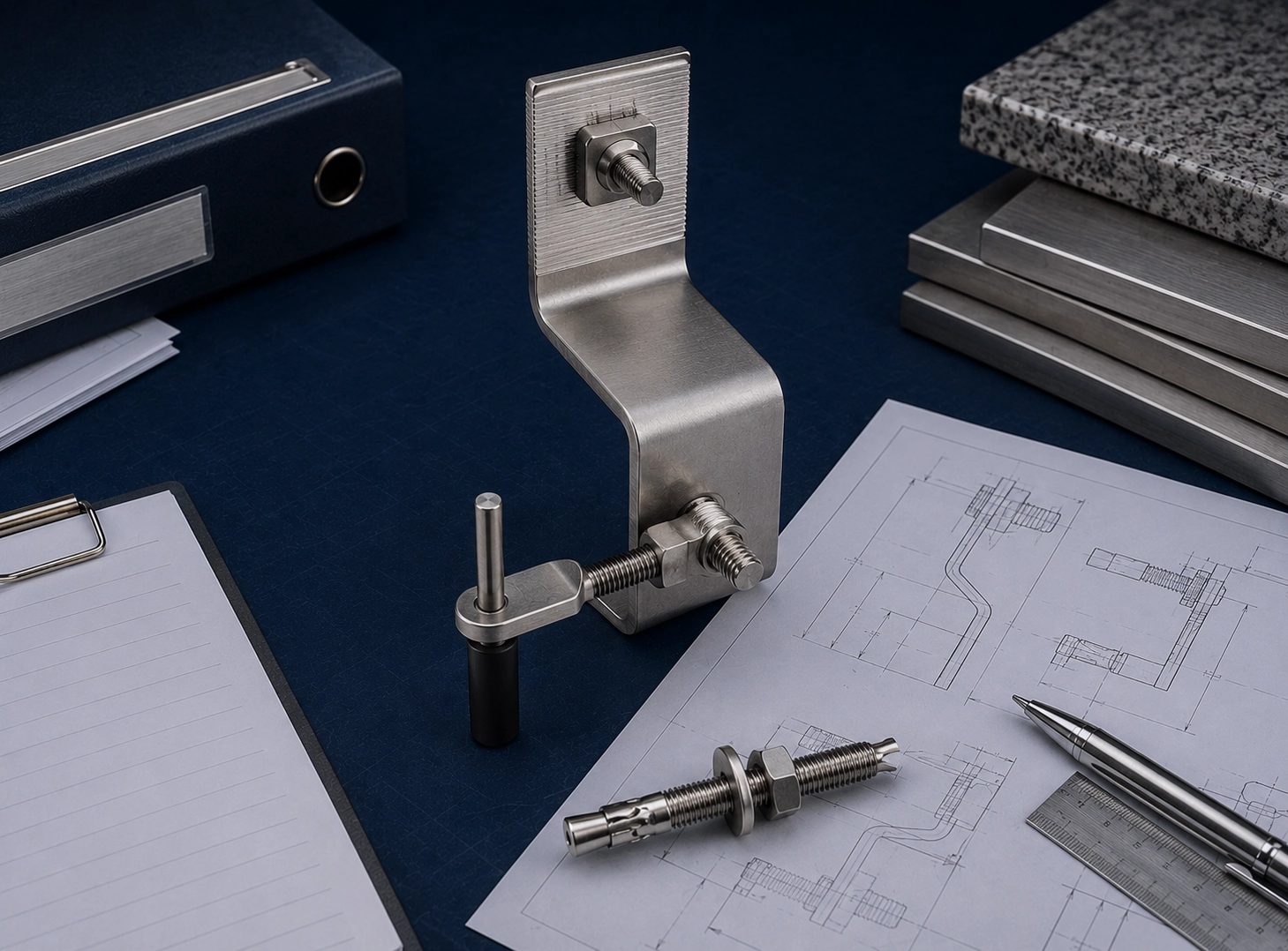 Z bracket RFQ preparation scene with drawings, metal components and quotation support materials