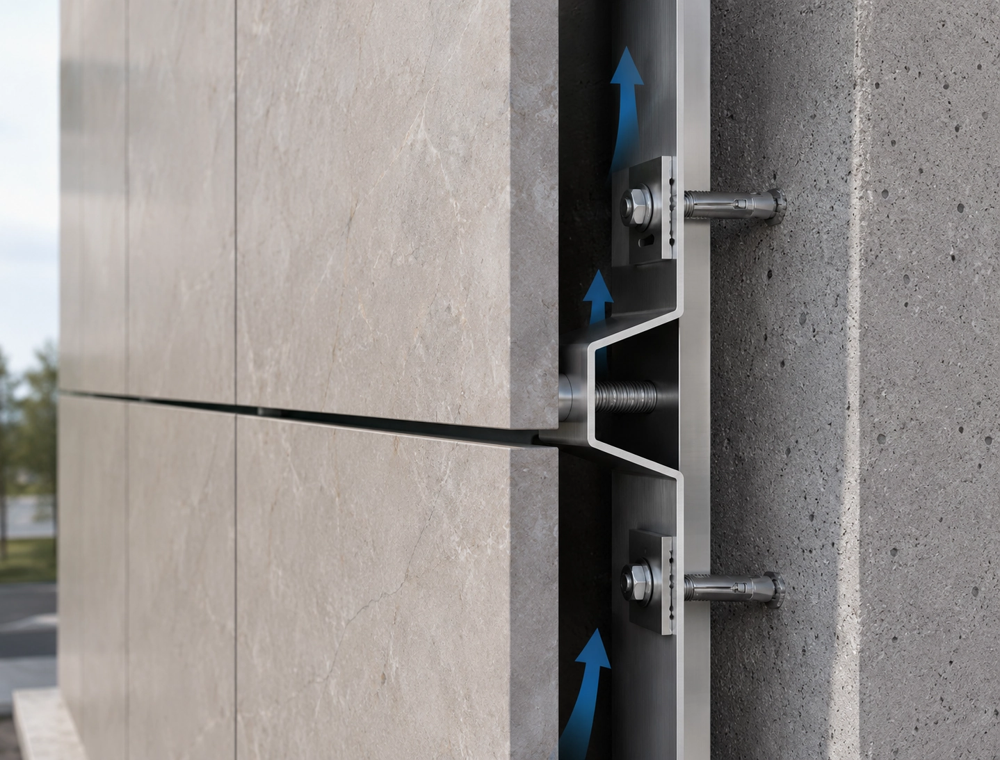 Ventilated stone cladding application supported by Z bracket fixing system